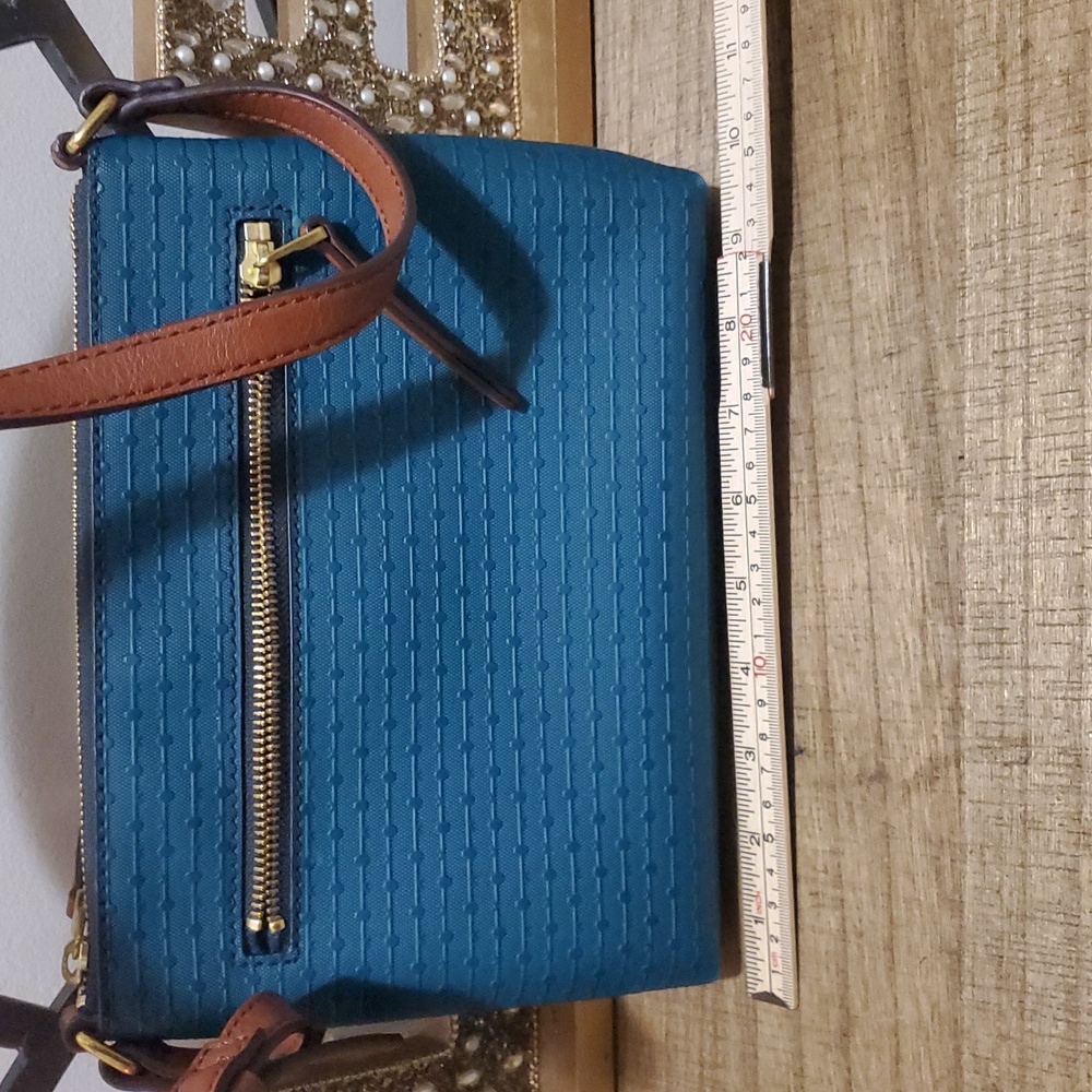 Fossil Fiona Teal Turquoise Woven Canvas Crossbody Purse Bag - Picture 13 of 14